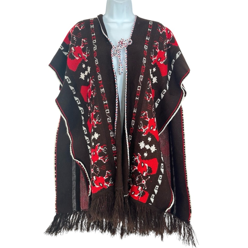 Vintage Holiday Reindeer Poncho Sweater Fringe Trim 70s Hippie Boho Ugly Sweater
